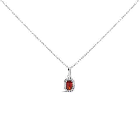 10K White Gold 5x3mm Birthstone and Diamond Accent Halo Octagonal Shape Pendant Necklace