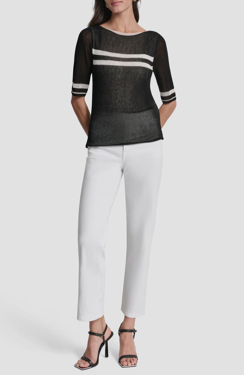 DKNY Stripe Lightweight Elbow Sleeve Sweater, Alternate, color, Black/Ivory