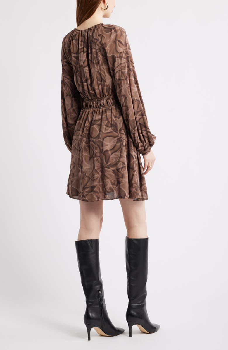 Nordstrom Shirred Waist Long Sleeve Minidress, Alternate, color, Brown- Tan Glowing Leaves