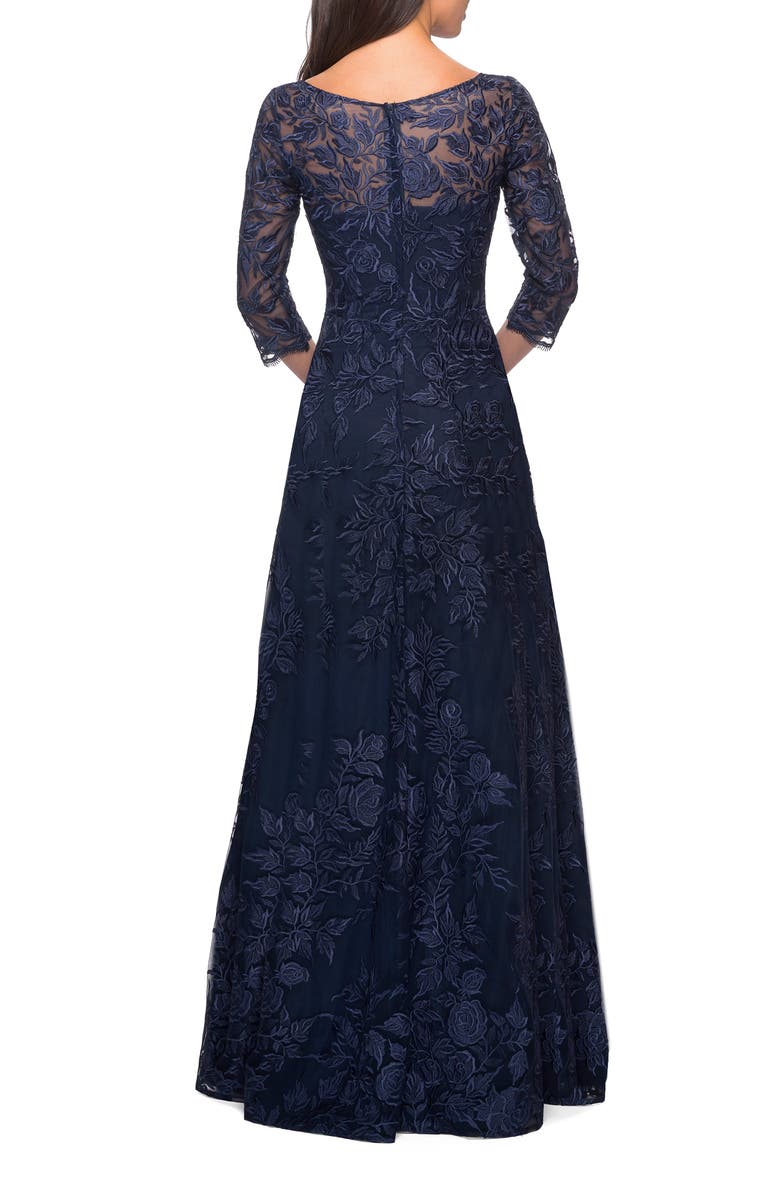La Femme Long Lace A-line Three Quarter Sleeve Gown, Alternate, color, Navy