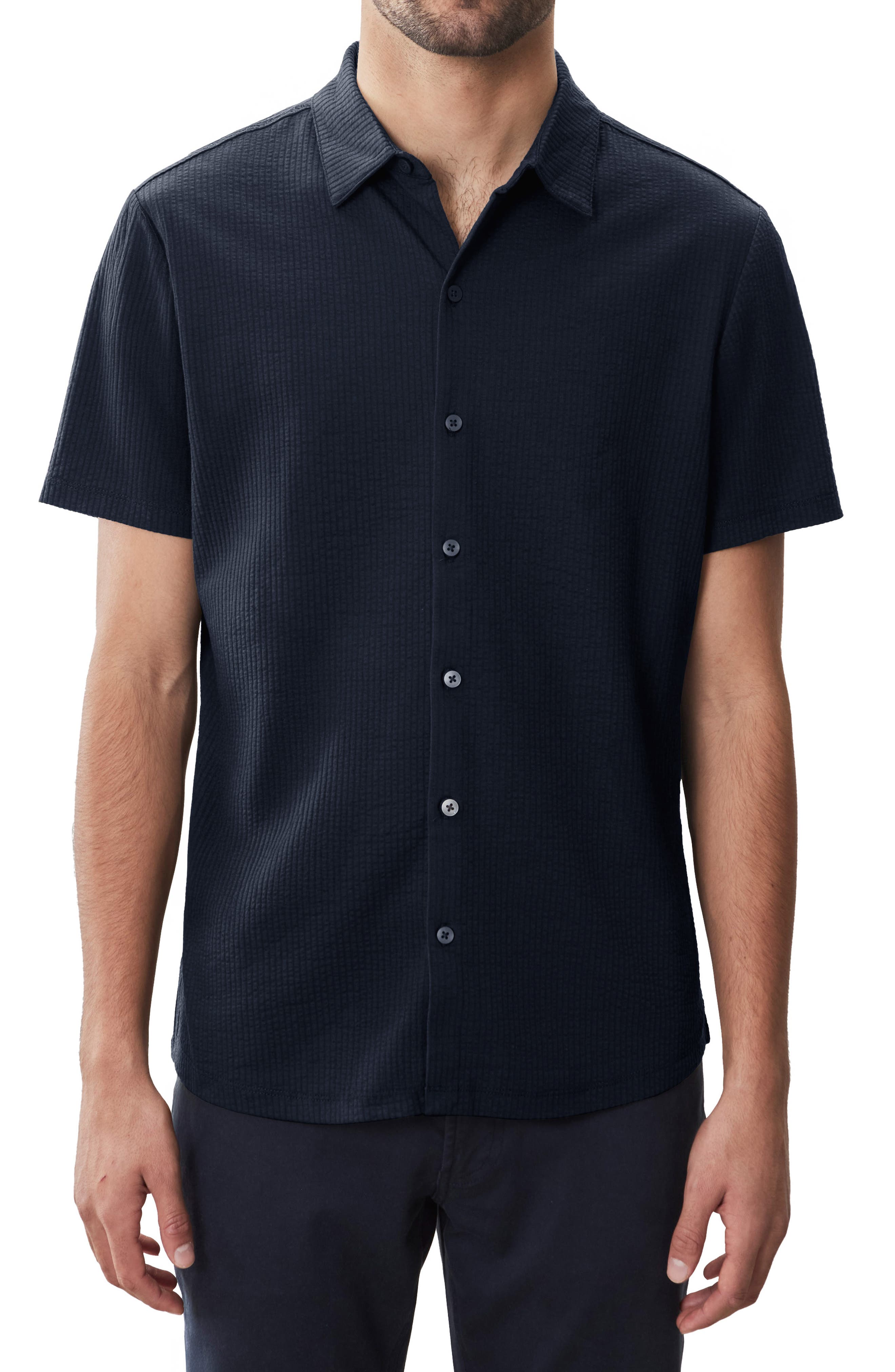 Robert Barakett Manny Short Sleeve Knit Button-Up Shirt in Navy 