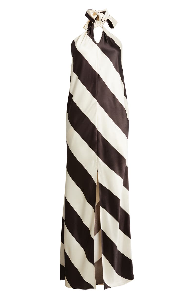 Torn by Ronny Kobo Vega Stripe Satin Halter Dress, Main, color, Brown / Ivory