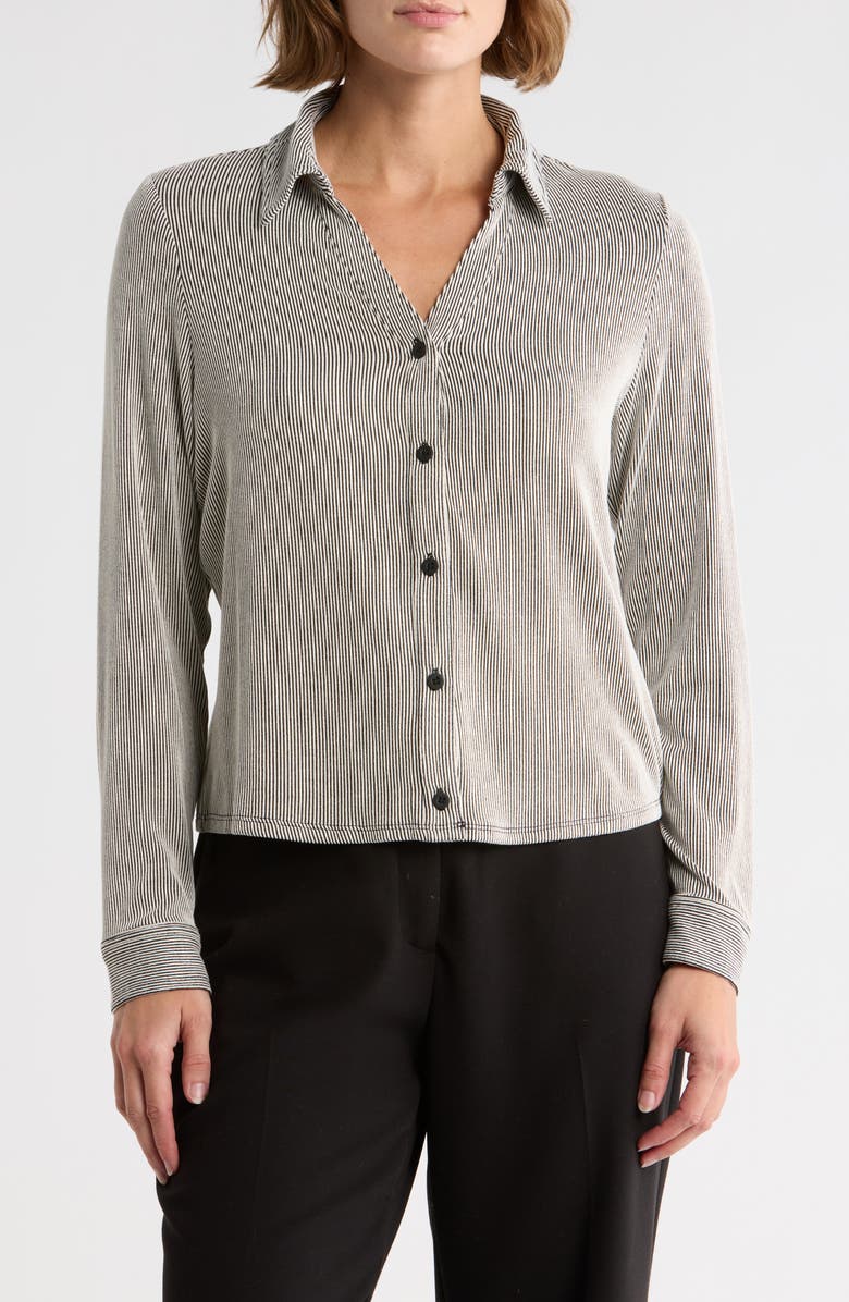 Adrianna Papell Stripe Crop Button-Up Shirt, Main, color, Black/ Ivory Micro Stripe