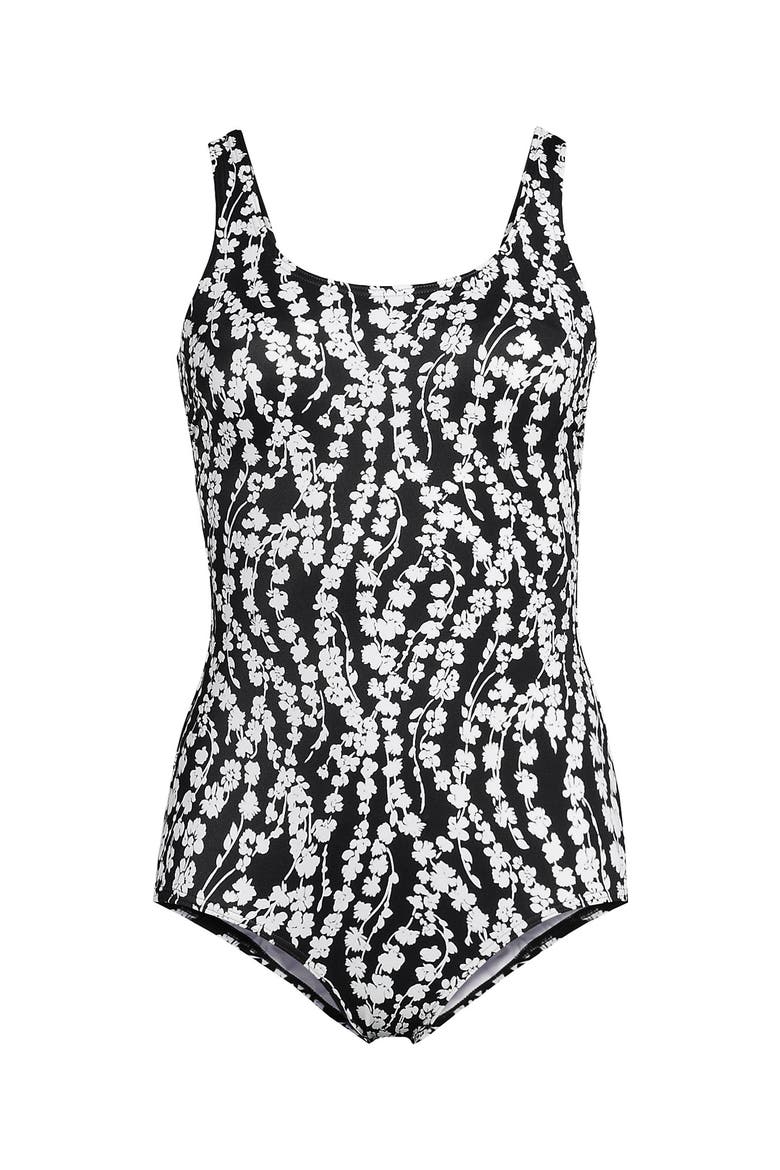 Tugless Low Leg One Piece Swimsuit, Alternate, color, Black/White Vine Floral