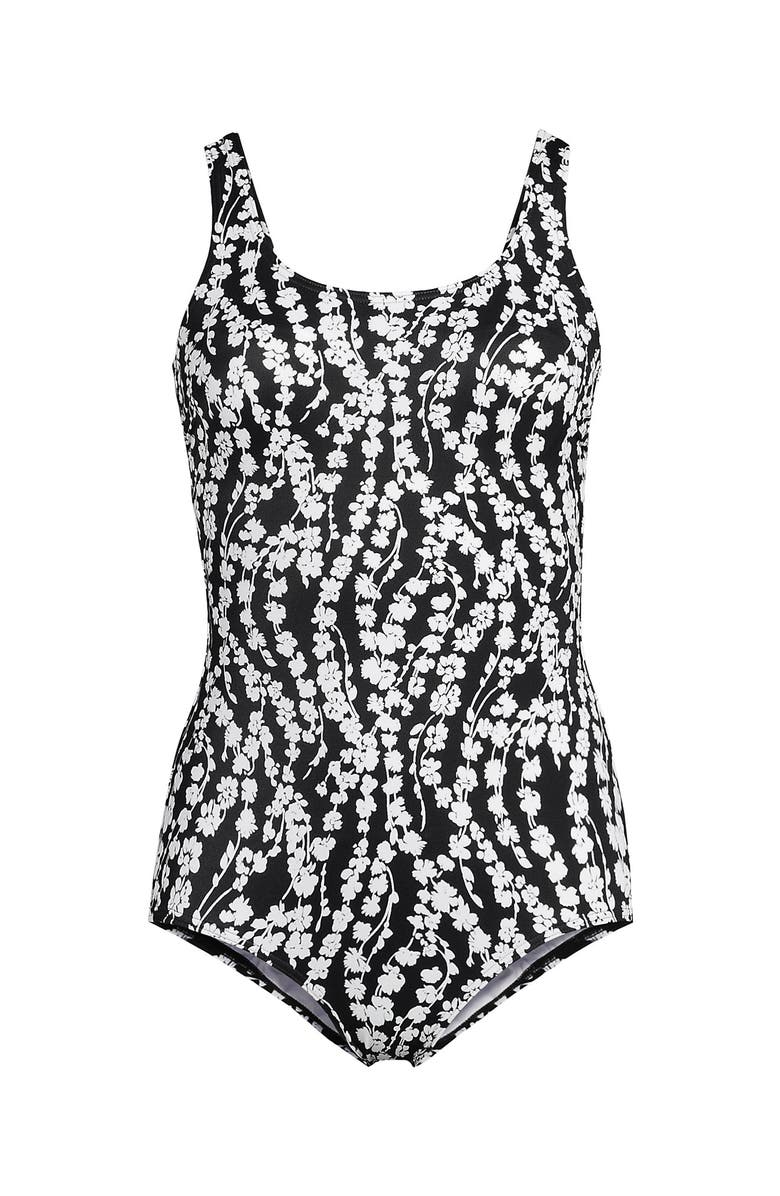 Lands' End D-Cup Chlorine Resistant Scoop Neck Soft Cup Tugless Sporty One Piece Swimsuit Print, Alternate, color, Black/White Vine Floral