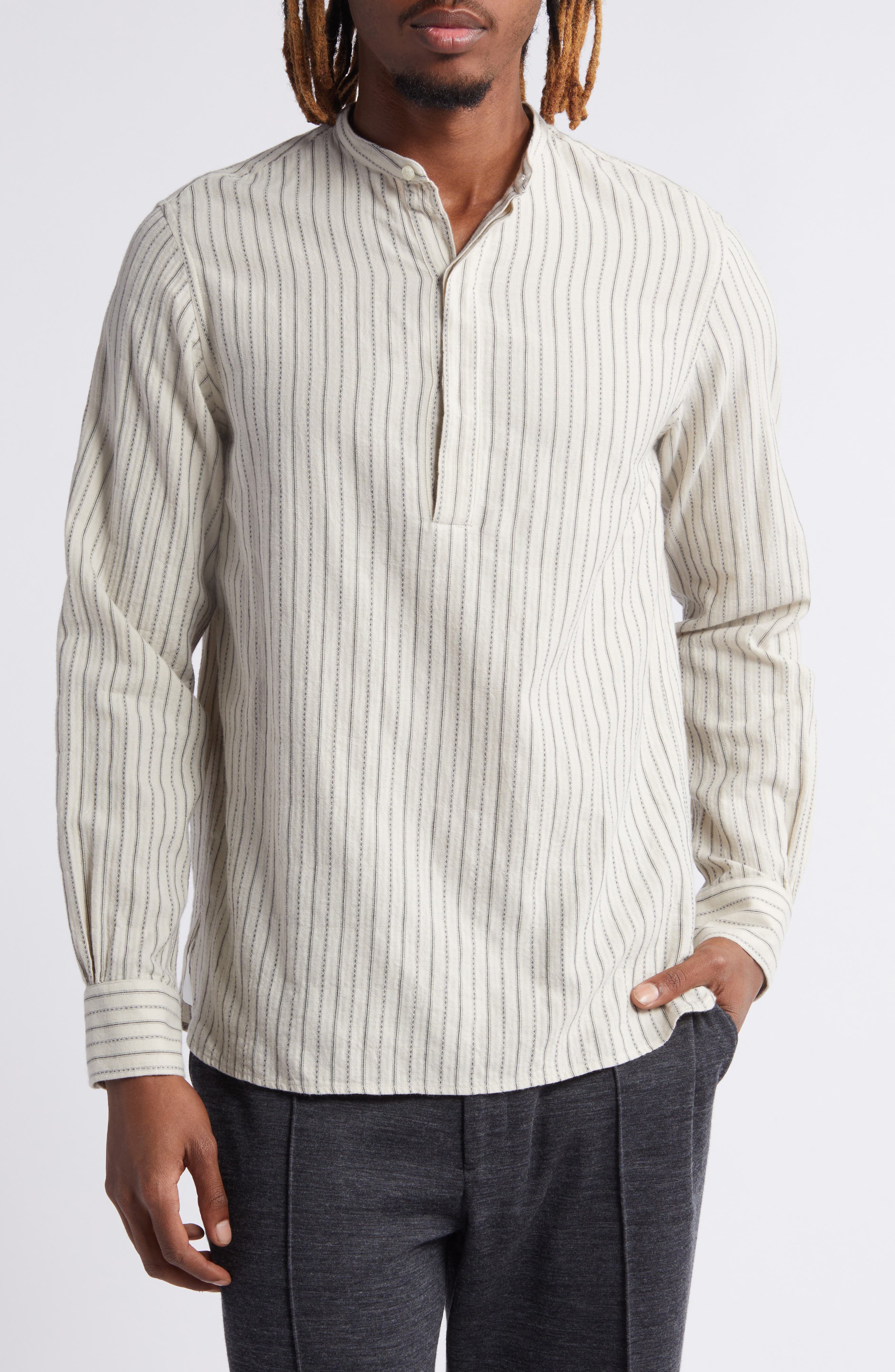 Officine Générale Alfred Stripe Brushed Cotton Button Front Shirt (Men ...