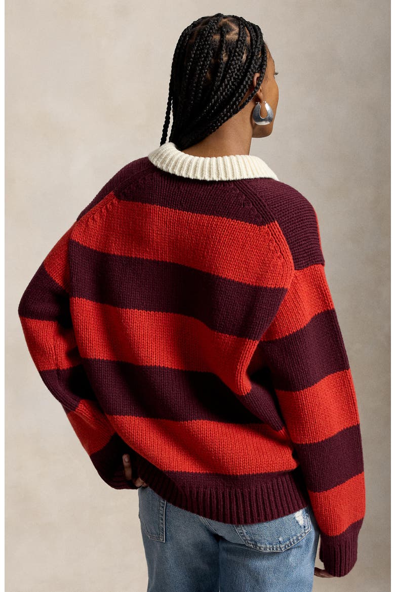 Stripe Oversize Wool Blend Rugby Polo Sweater, Alternate, color, HARVARD WINE/ BRANDY HEATHER