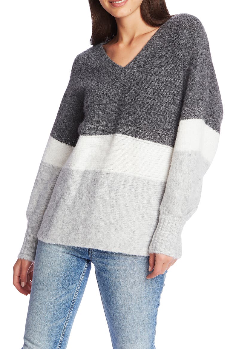 Stripe V-Neck Tunic Sweater, Alternate, color, MED HEATHER GREY