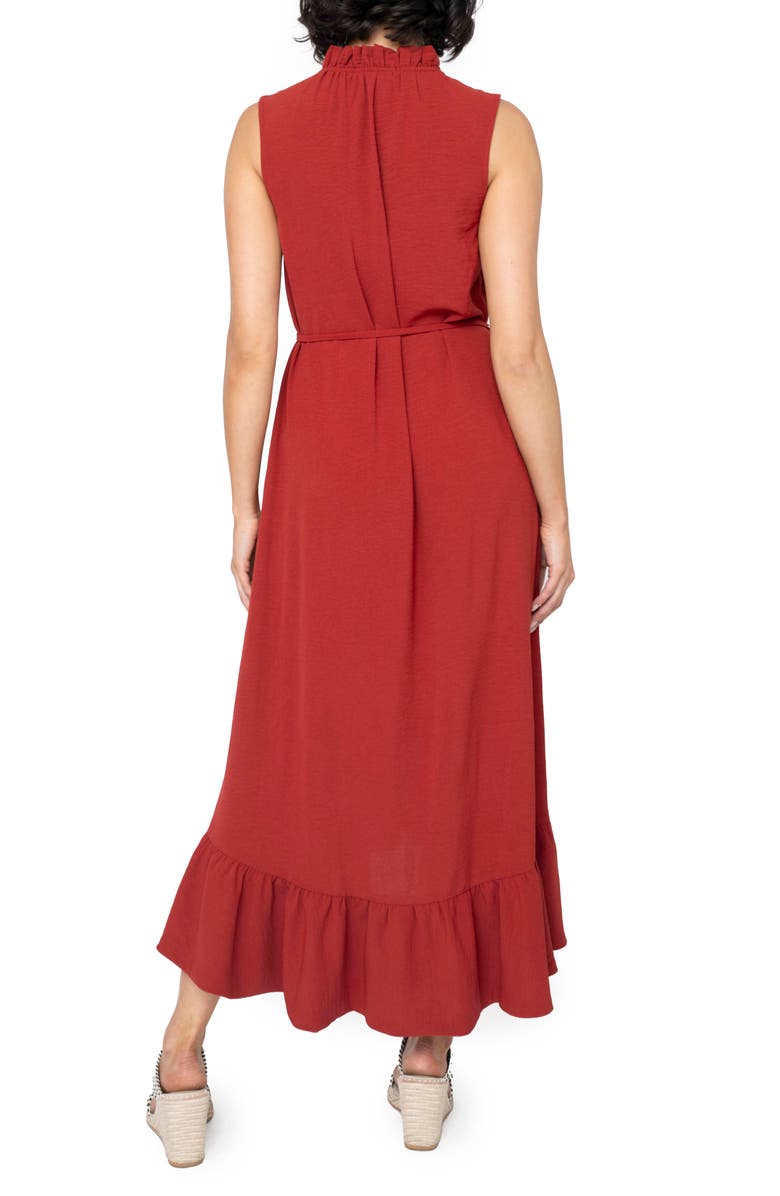 GIBSONLOOK Sienna Split Neck Tie Waist Ruffle Hem High-Low Dress, Alternate, color, Rust