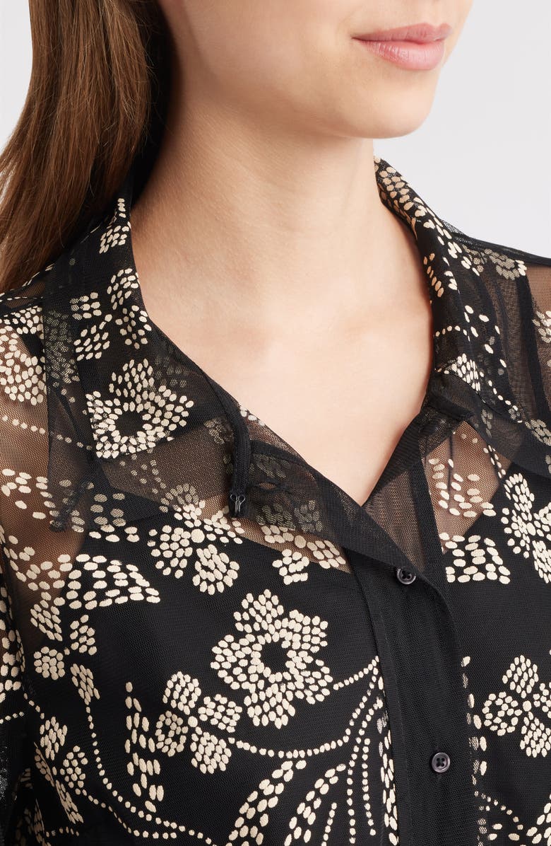 THE GREAT. The Cotillion Embroidered Tulle Short Sleeve Button-Up Shirt, Alternate, color, Brocade Floral