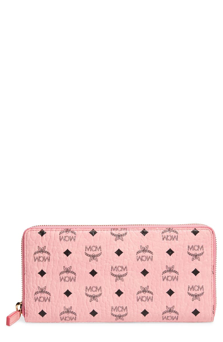 MCM Visetos Original Zip Around Coated Canvas Wallet, Main, color, Pink