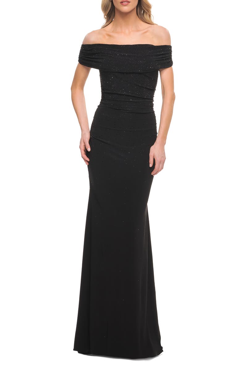 La Femme Off the Shoulder Beaded Sheath Gown, Main, color,