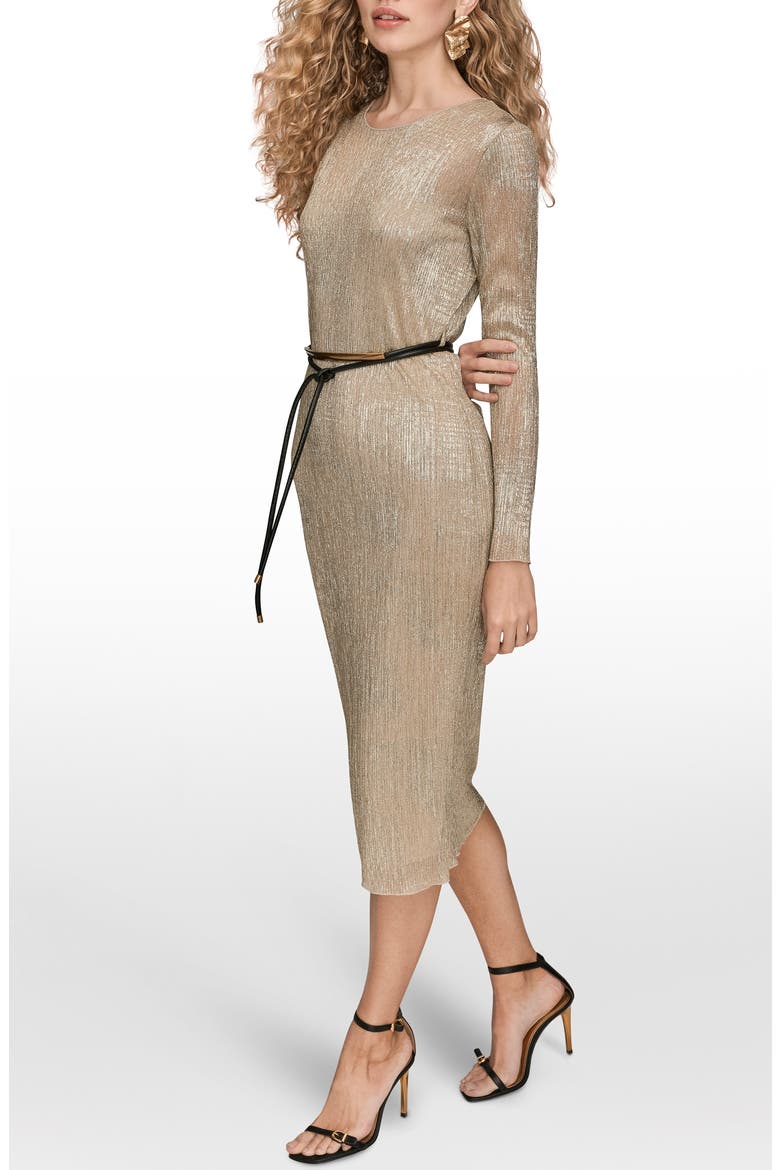 Metallic Belted Long Sleeve Mesh Midi Dress, Alternate, color, GOLD