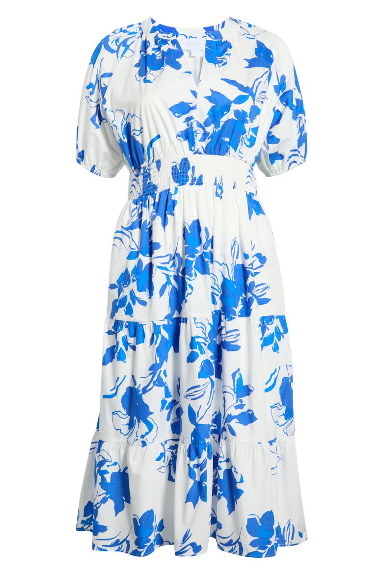 Aby Floral Hacienda Puff Sleeve Midi Dress, Alternate, color, WHITE-COBALT-MULTI