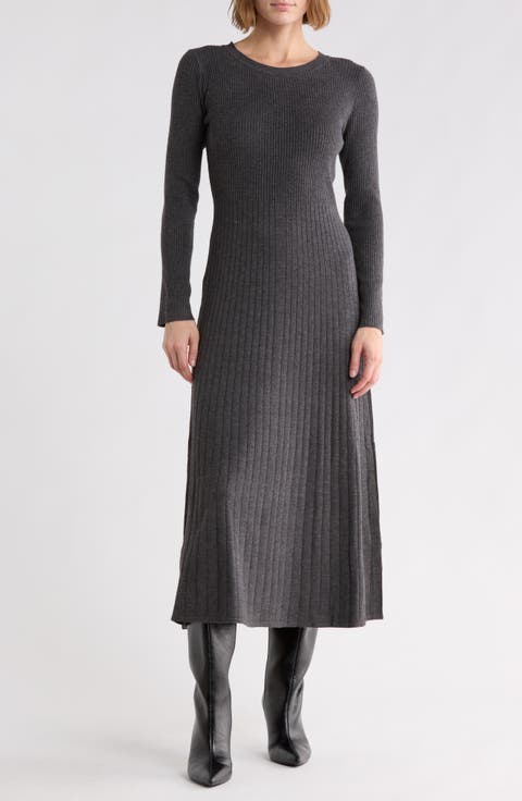 Ribbed Knit Long Sleeve Sweater Dress