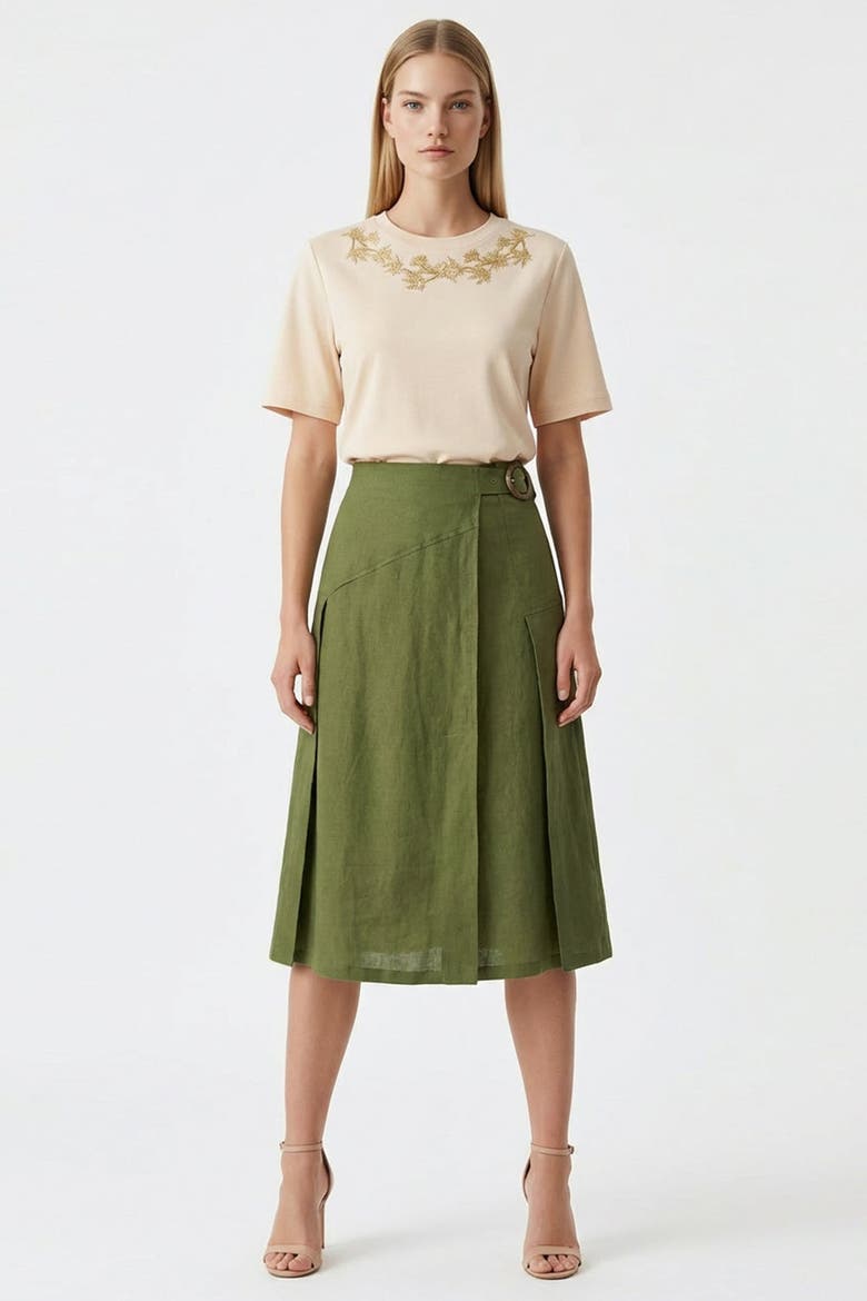 Burnice Buckle Detail Linen Midi Skirt, Alternate, color, Khaki