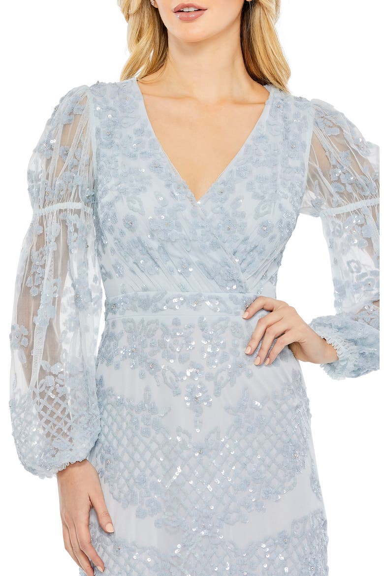 Sequined Tiered Wrap Over Puff Sleeve Gown, Alternate, color, Sky Blue
