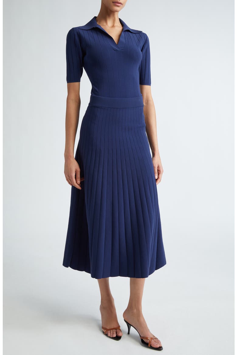Delphi Pleated Knit Midi Skirt, Alternate, color, NAVY