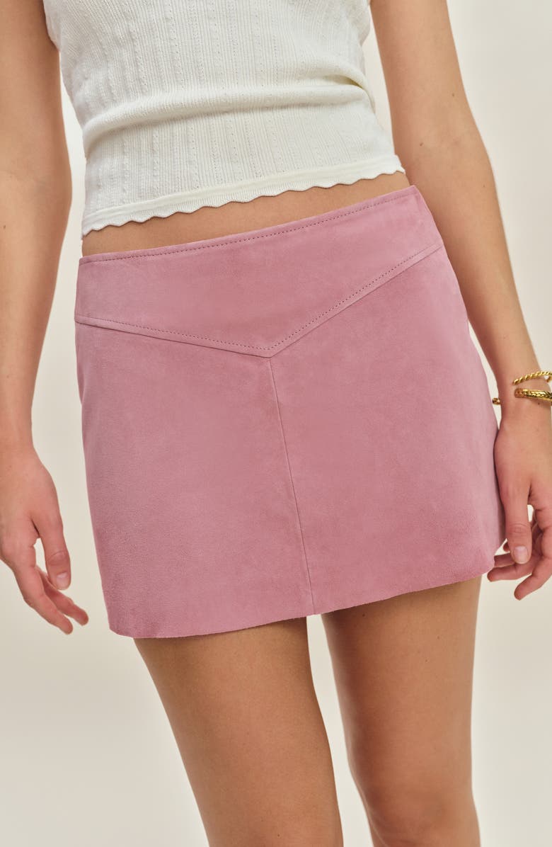 Reformation x Devon Lee Carlson Layla Low Rise Suede Miniskirt, Alternate, color, Sugar Plum