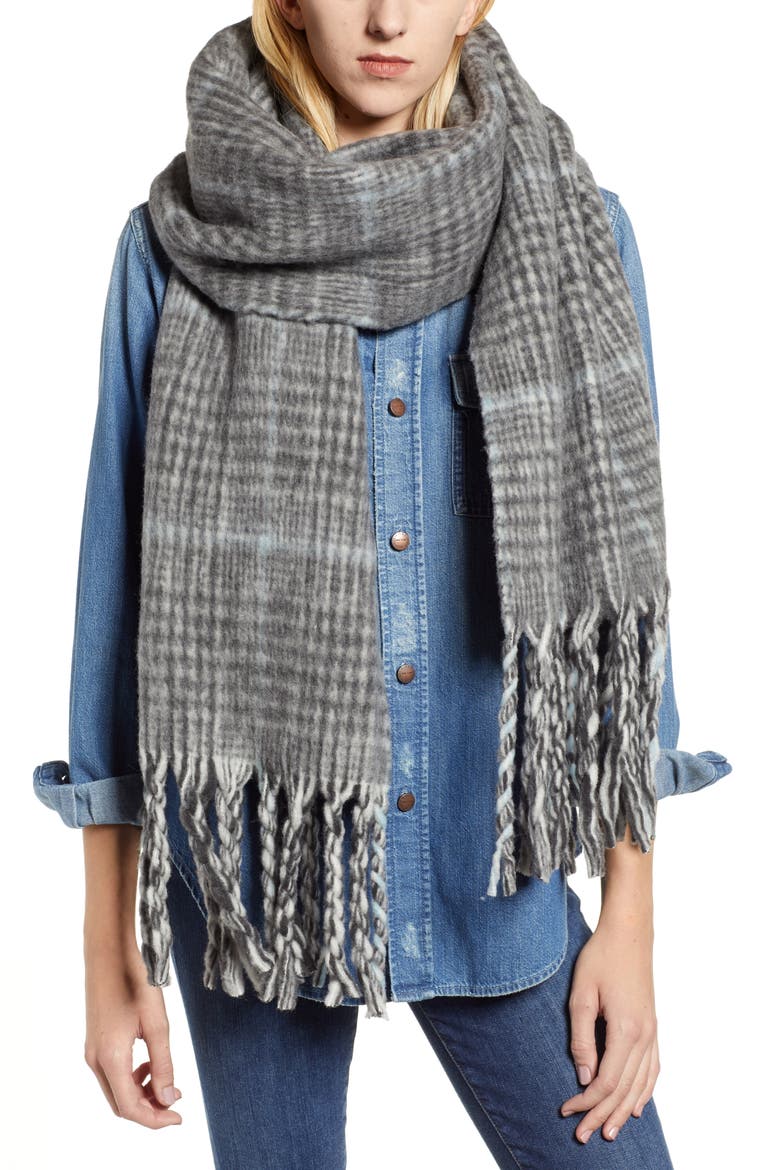 Plaid Brushed Wool Blanket Scarf, Main, color, BLACK/ GREY