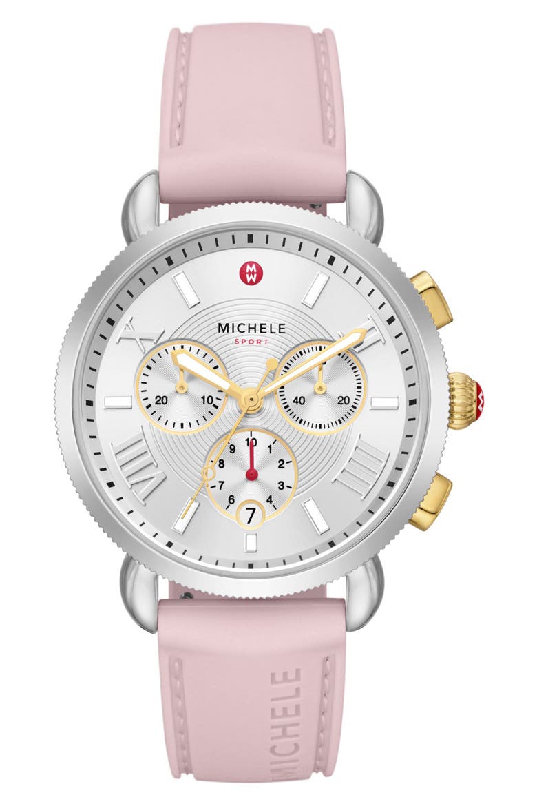 Sporty Sport Sail Chronograph Watch Head With Silicone Strap, 38mm, Main, color, PINK