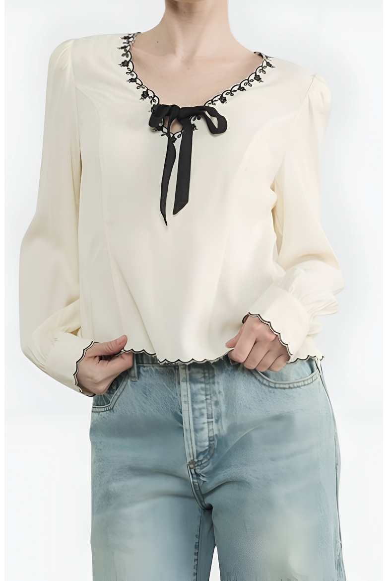 Embroidered Blouse with Velvet Bow, Alternate, color, Cream / Off-White