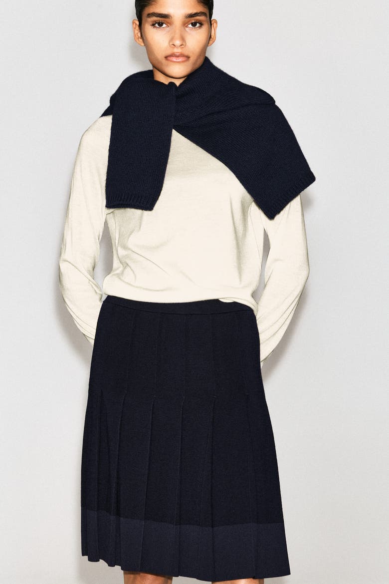 Pleated Merino Wool Midi Skirt, Alternate, color, NAVY