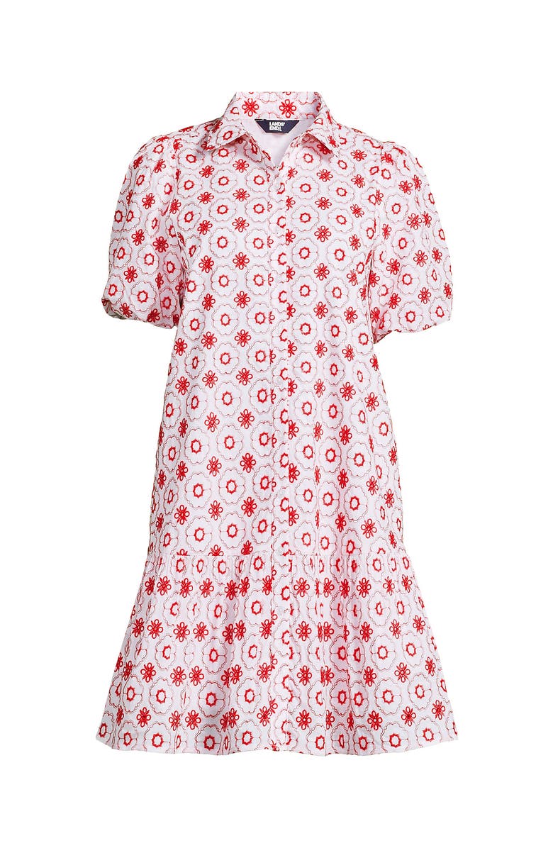 Lands' End Elbow Sleeve Eyelet Knee Length Shirt Dress, Alternate, color, White/Poppy Mosaic Eyelet