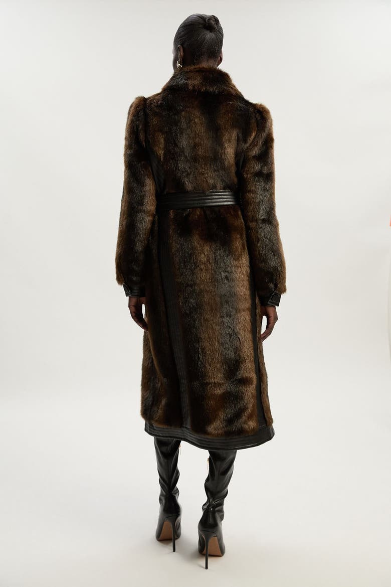 Faux Fur PU Panelled Belted Midi Coat, Alternate, color, Chocolate