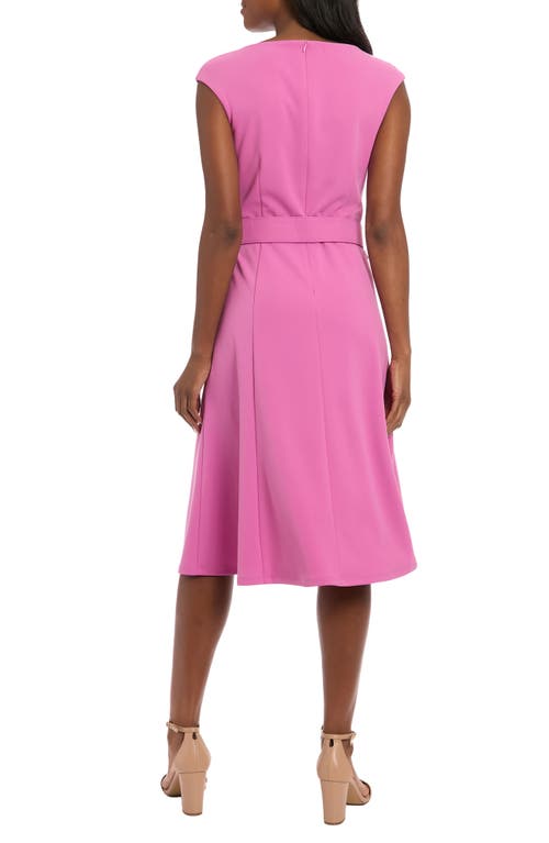 London Times Pleated Boat Neck Fit & Flare Dress In Pink