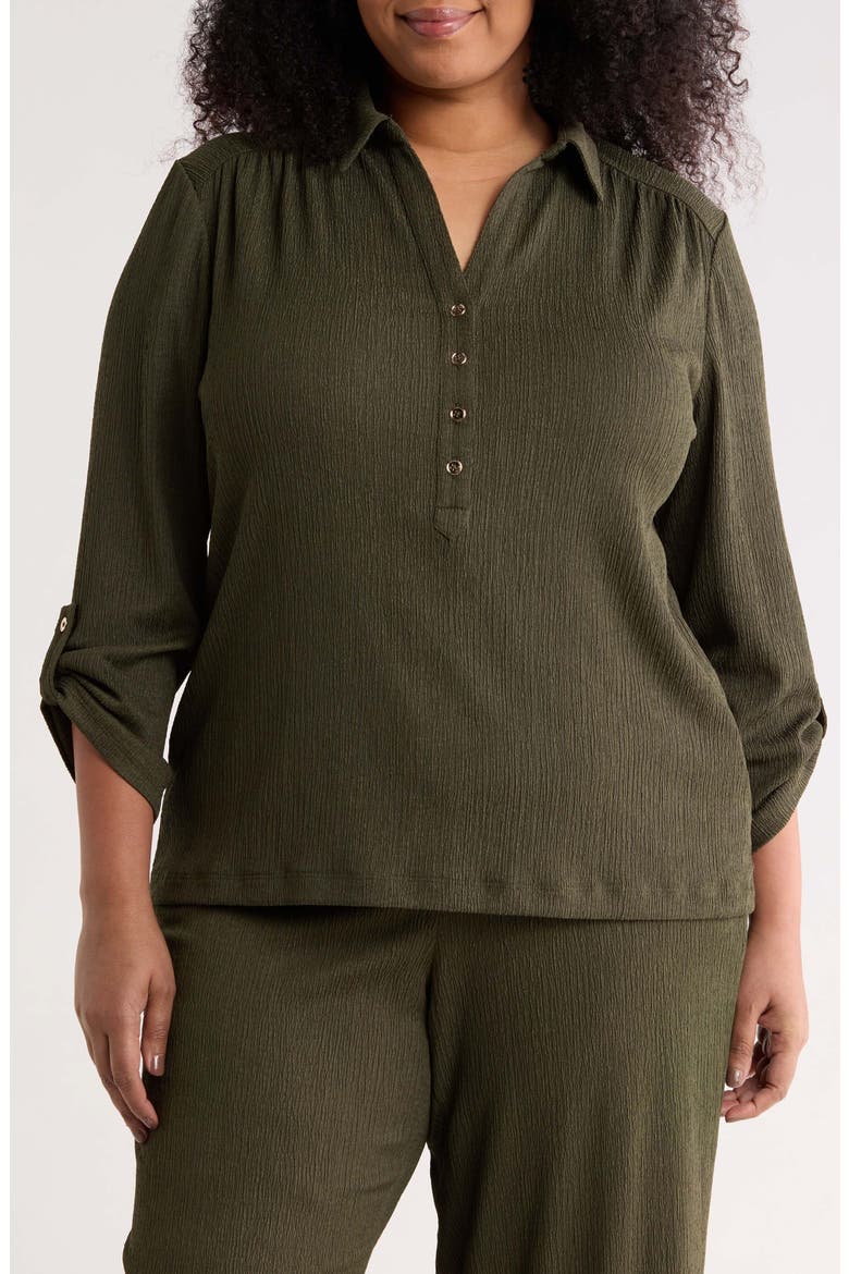 Half Placket Roll Tab Top, Main, color, DARK BAY LEAF