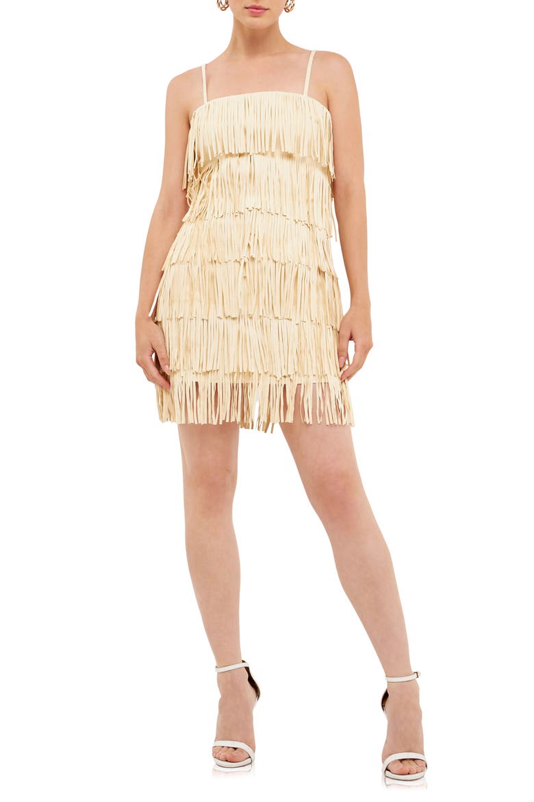 Fringe Faux Suede Minidress, Main, color, IVORY