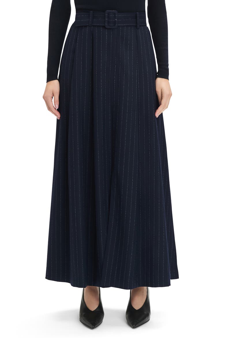 The Gabby Belted Pinstripe Maxi Skirt, Main, color, NAVY PINSTRIPE