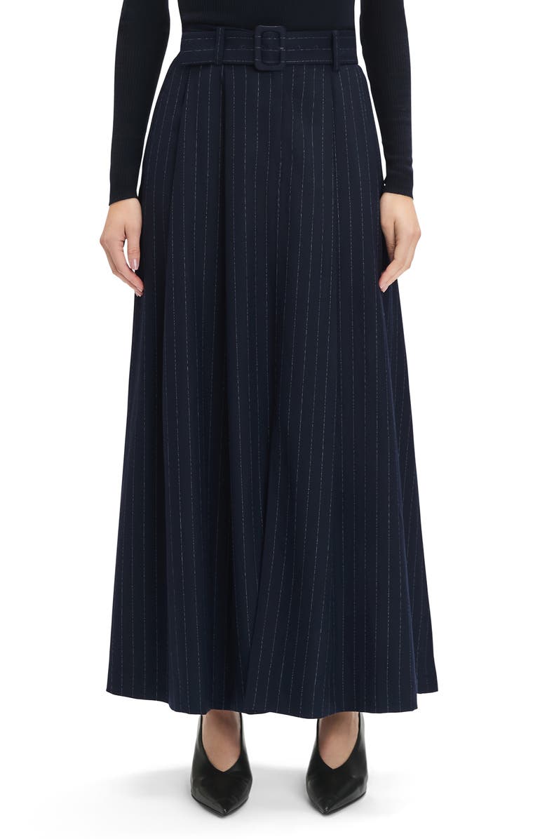 Favorite Daughter The Gabby Belted Pinstripe Maxi Skirt, Main, color, Navy Pinstripe