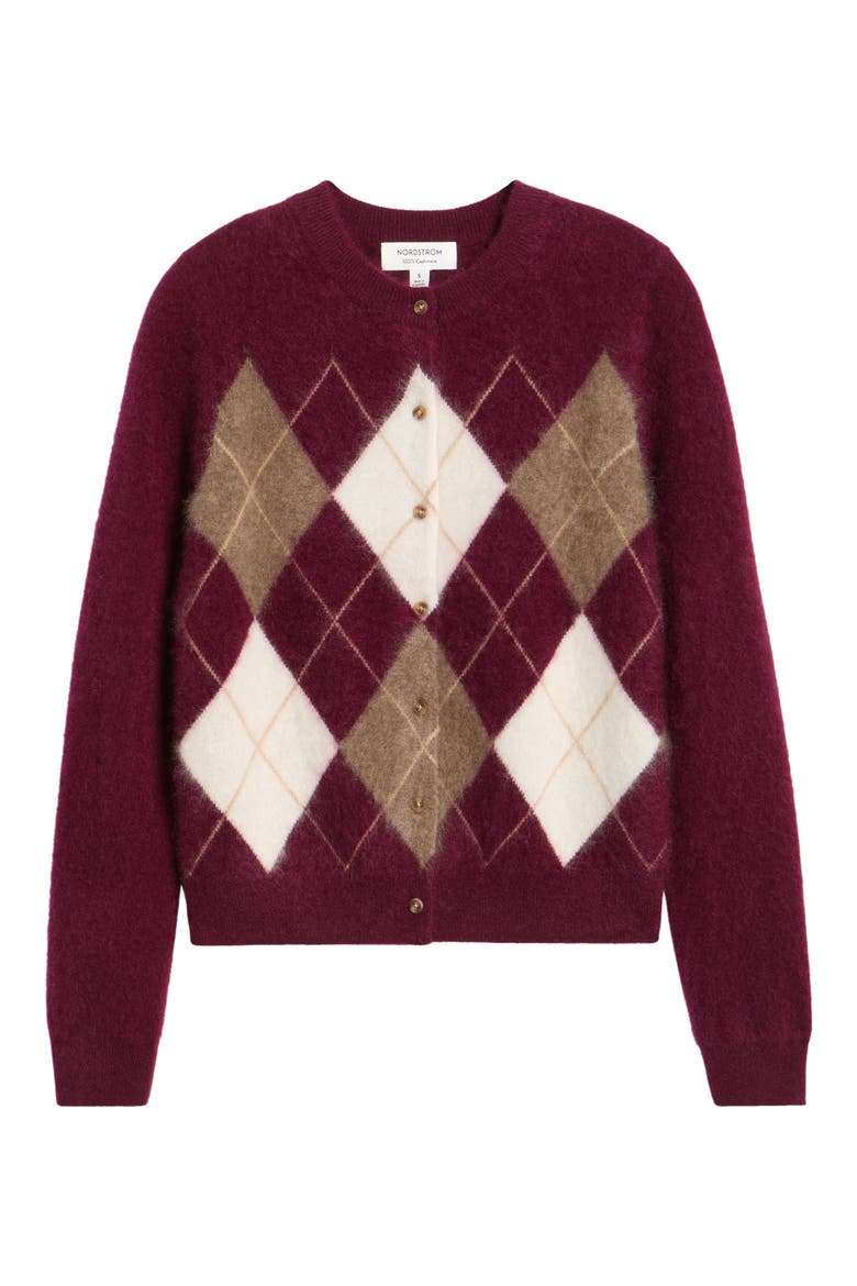 Brushed Cashmere Argyle Cardigan, Main, color, BURGUNDY FIG HEATHER ARGYLE