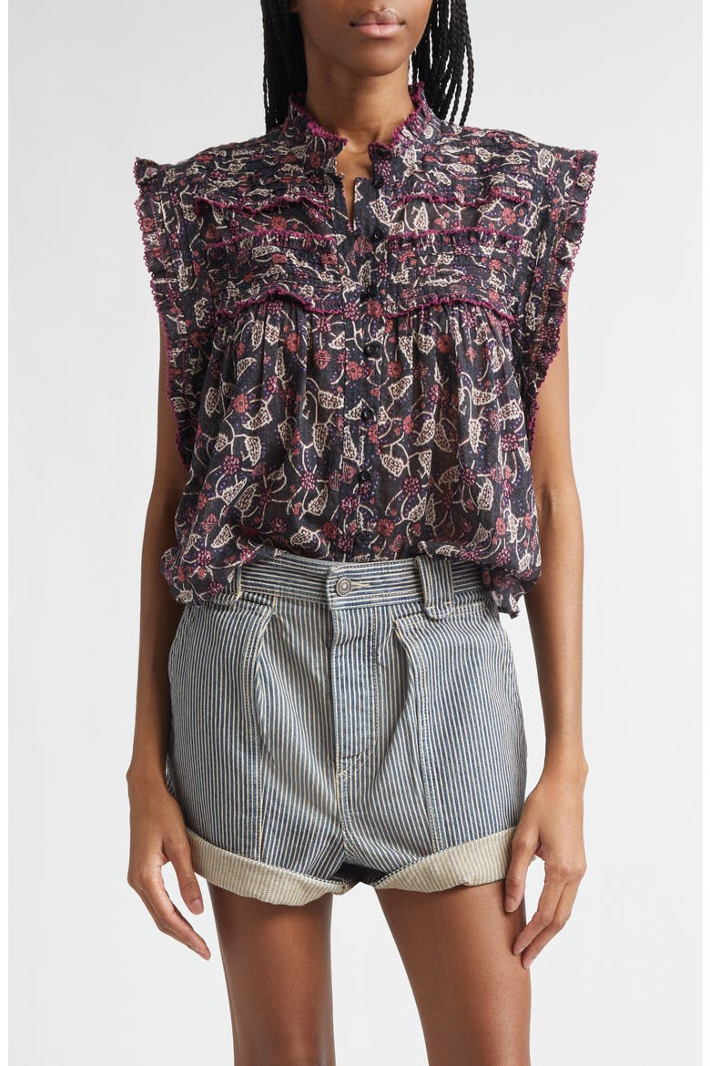 Dersia Floral Ruffled Cotton Top, Main, color, BLACK/ RASPBERRY
