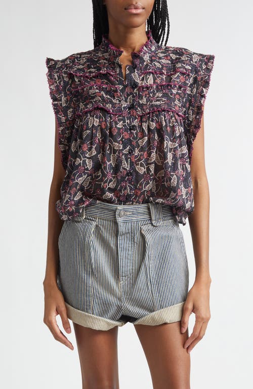 Isabel Marant Étoile Dersia Floral Ruffled Cotton Top in Black/raspberry at Nordstrom, Size 40