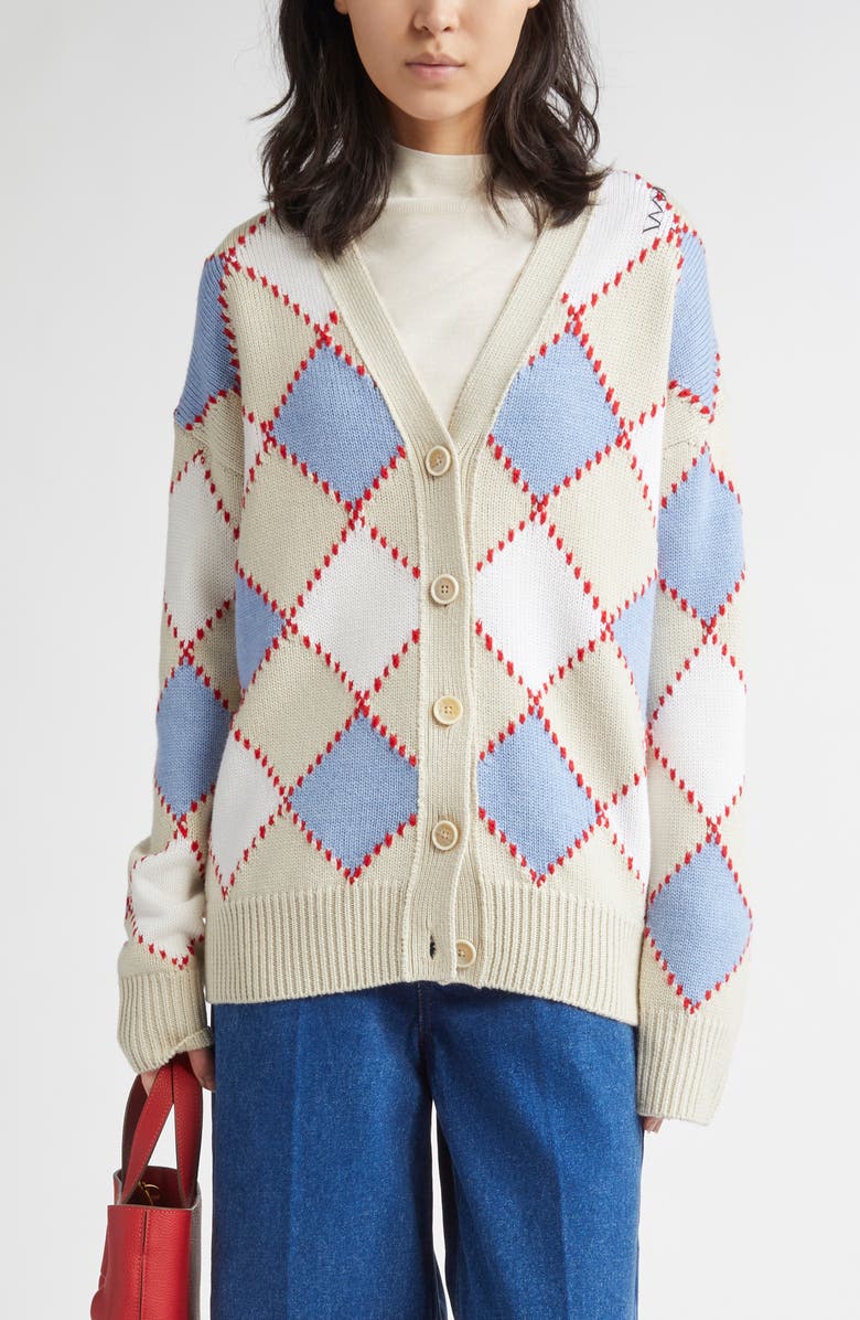Marni Argyle Intarsia Cotton Cardigan, Main, color, 