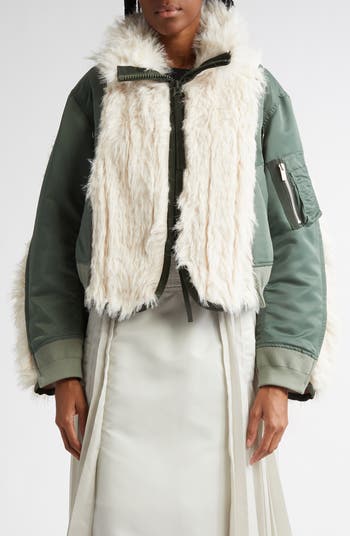 Sacai Faux Fur Panel Mixed Media Bomber Jacket | Nordstrom