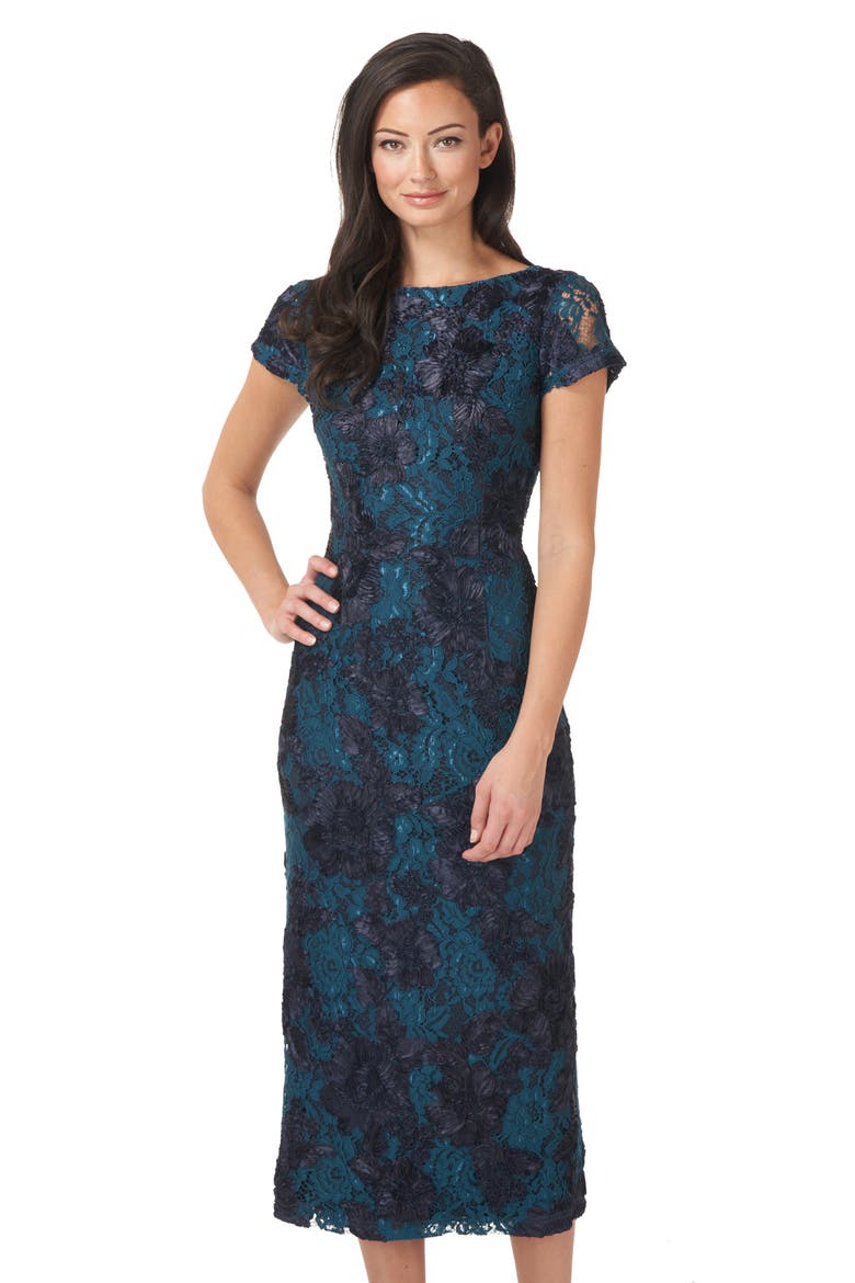 Floral Soutache Lace Sheath Dress, Alternate, color, NAVY TEAL