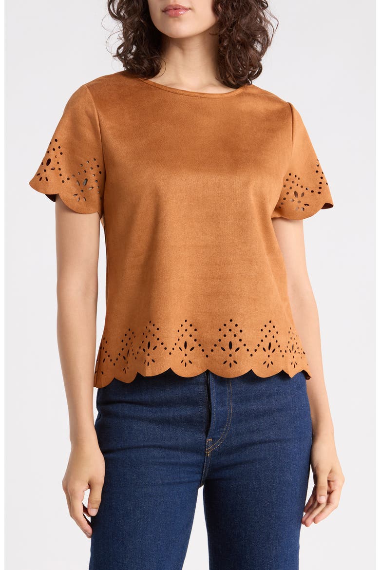 Laser Cut Faux Suede Top, Main, color, CAMEL