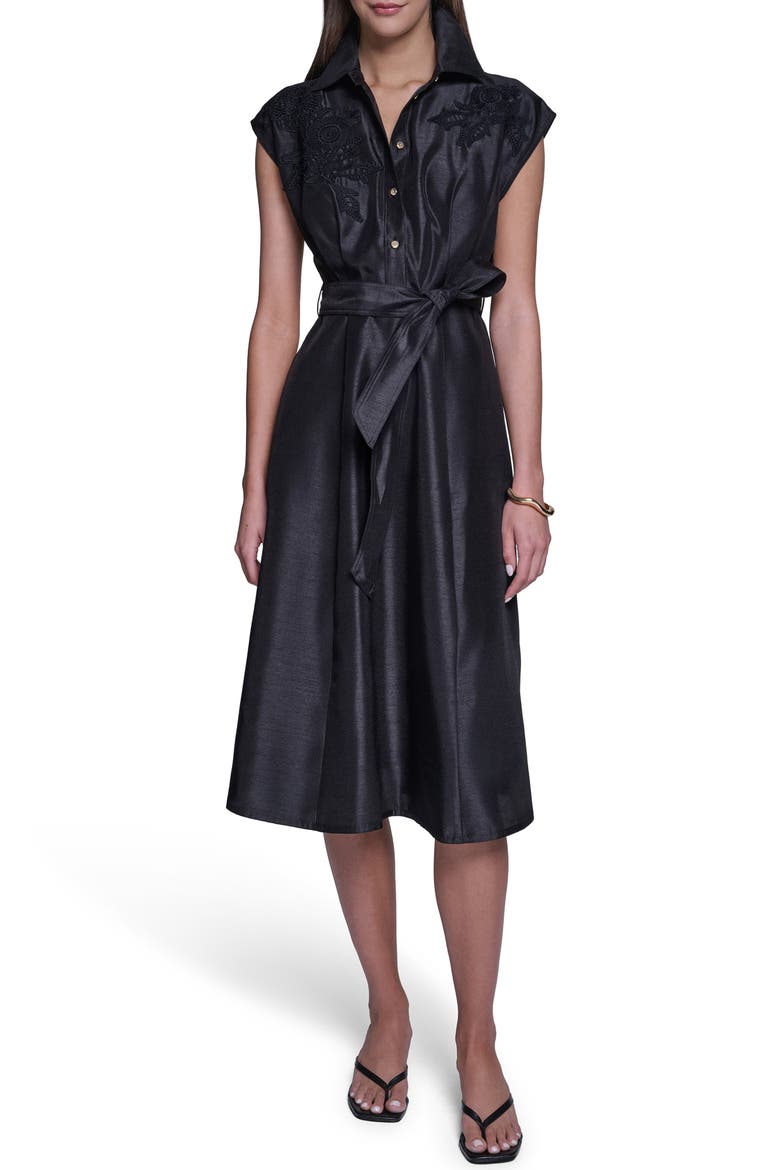 Appliqué Tie Waist Shirtdress, Main, color, BLACK