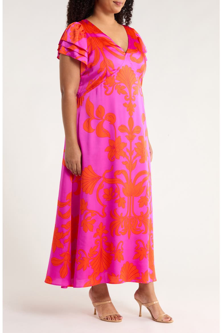 Vallie Floral Flutter Sleeve Satin Maxi Dress, Alternate, color, MAGENTA-MUL