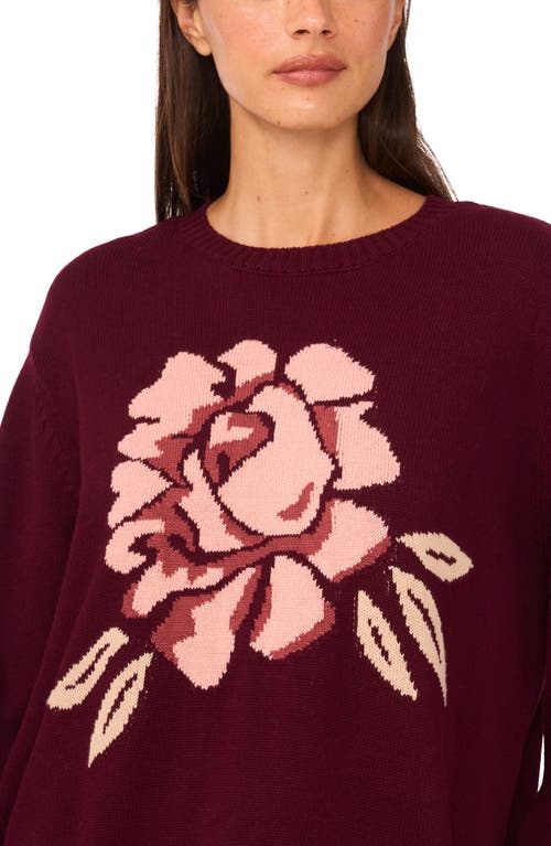 Cece Floral Jacqard Sweater In Burgundy