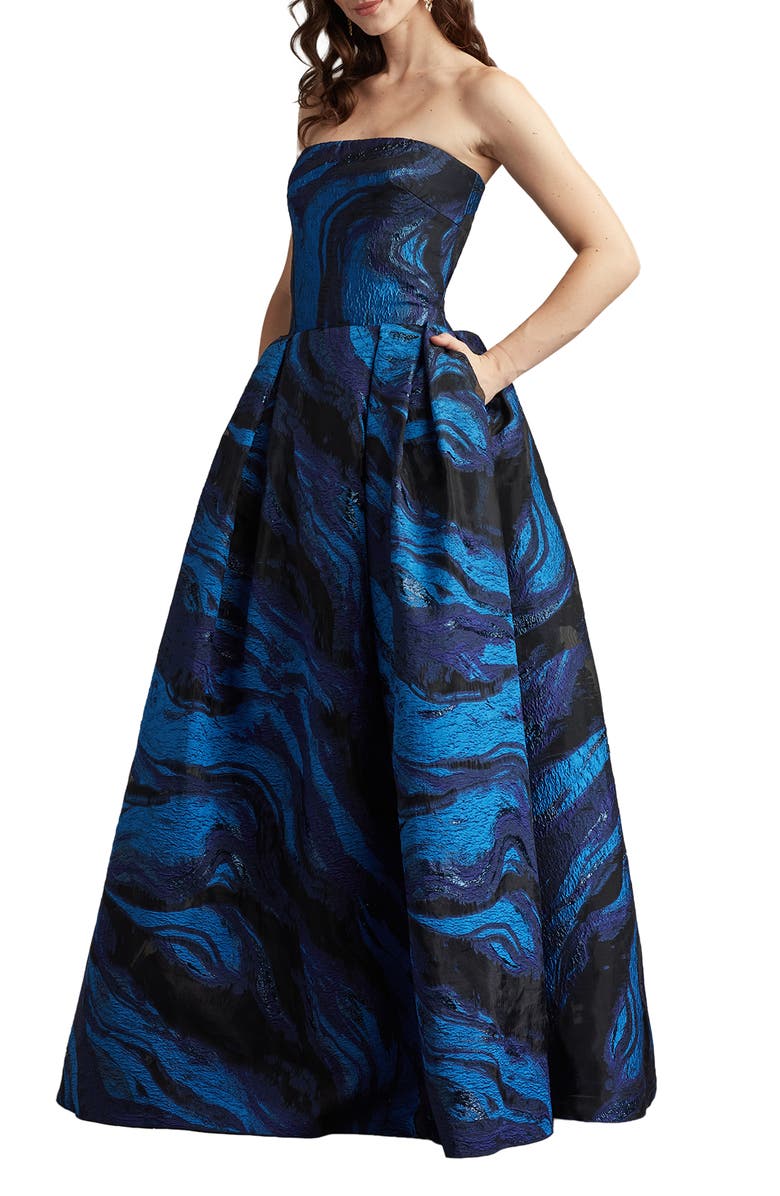 Tadashi Shoji Metallic Swirl Print Strapless Gown, Main, color, Navy