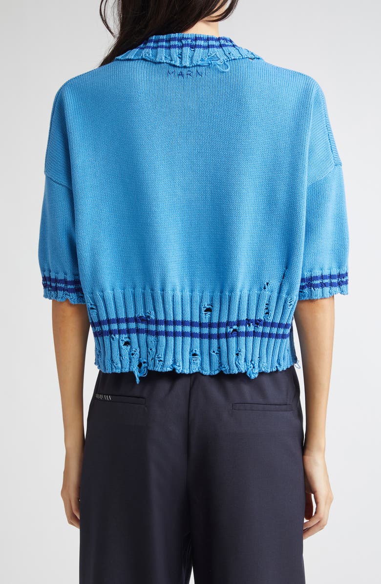 Marni Mending Logo Distressed Boxy Cotton Polo Sweater, Alternate, color, V2b52 Azure