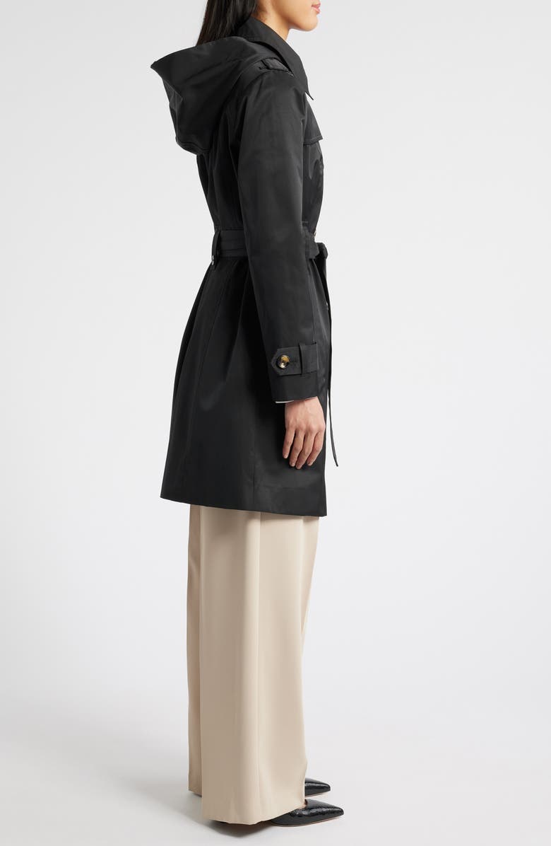 London Fog Missy Hooded Belted Trench Coat, Alternate, color, Black