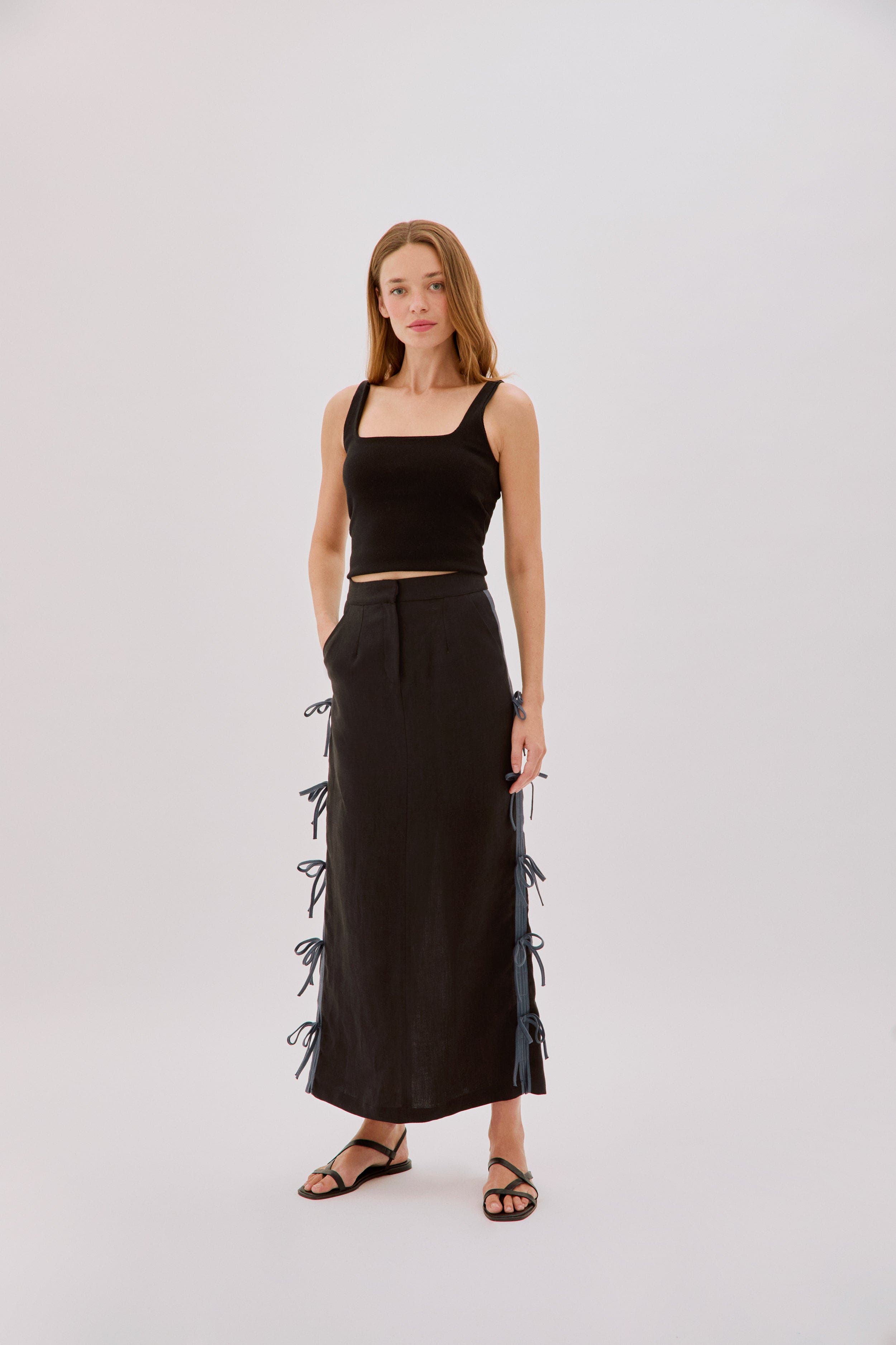 Labeca London Carolina Linen Bow Midi Skirt in Black 