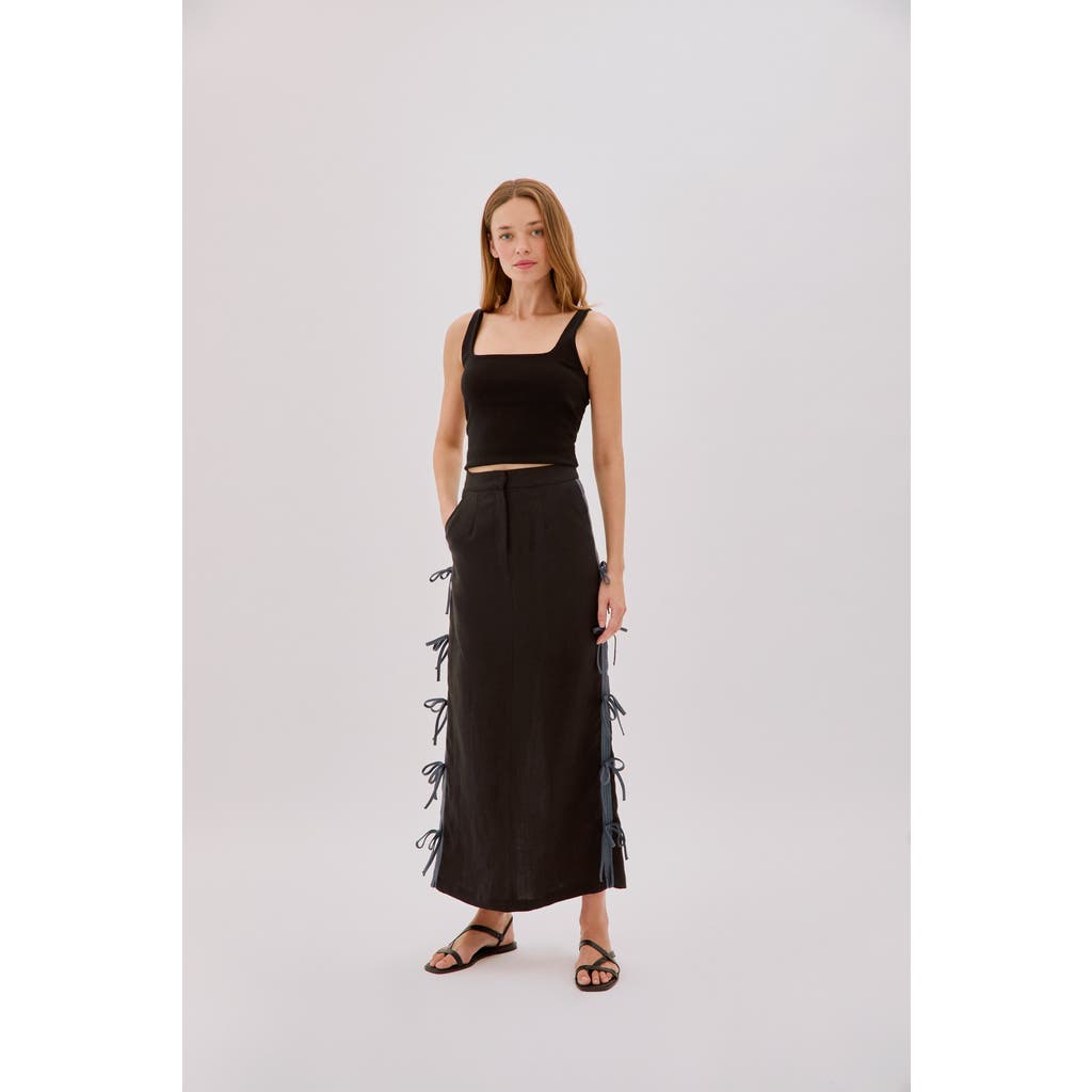 Labeca London Carolina Linen Bow Midi Skirt In Black