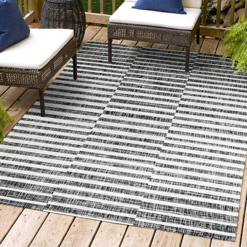 Jonathan Y Sukie Modern Offset Stripe Indoor/outdoor Area Rug In Black/ivory